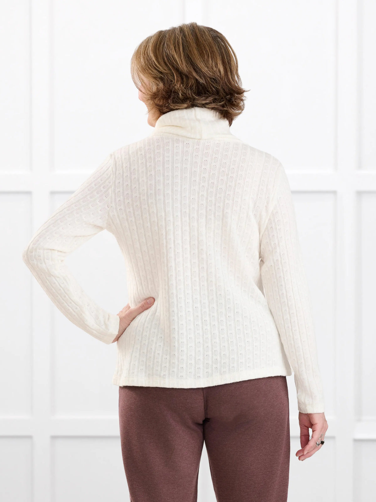 Gail cowl neck ribbed pointelle sweater for women in Ivory on model Donna, size S @Donna-S 