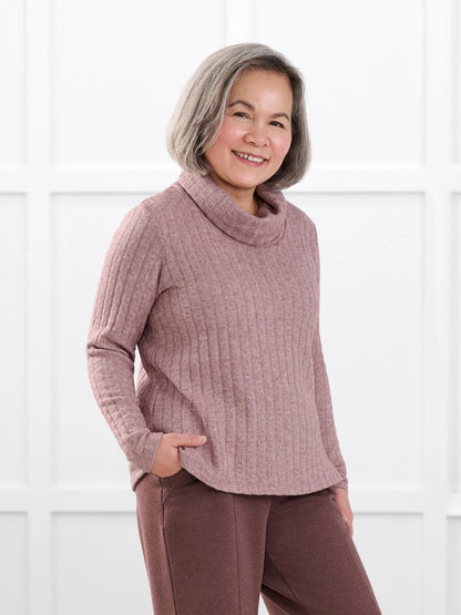 Gail cowl neck ribbed pointelle sweater for women in Rose pink on model Terry, size S @Terry-S 