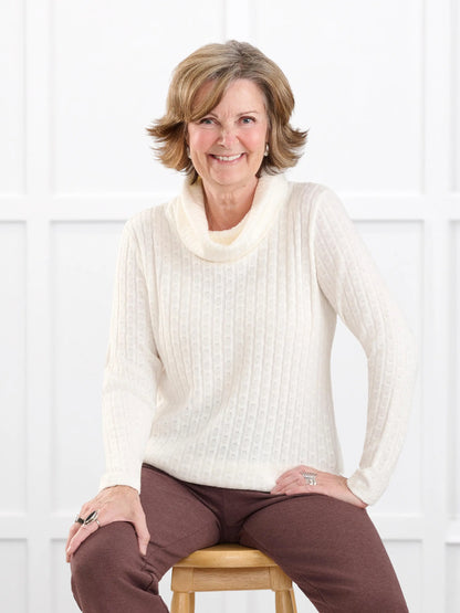 Gail cowl neck ribbed pointelle sweater for women in Ivory on model Donna, size S @Donna-S 