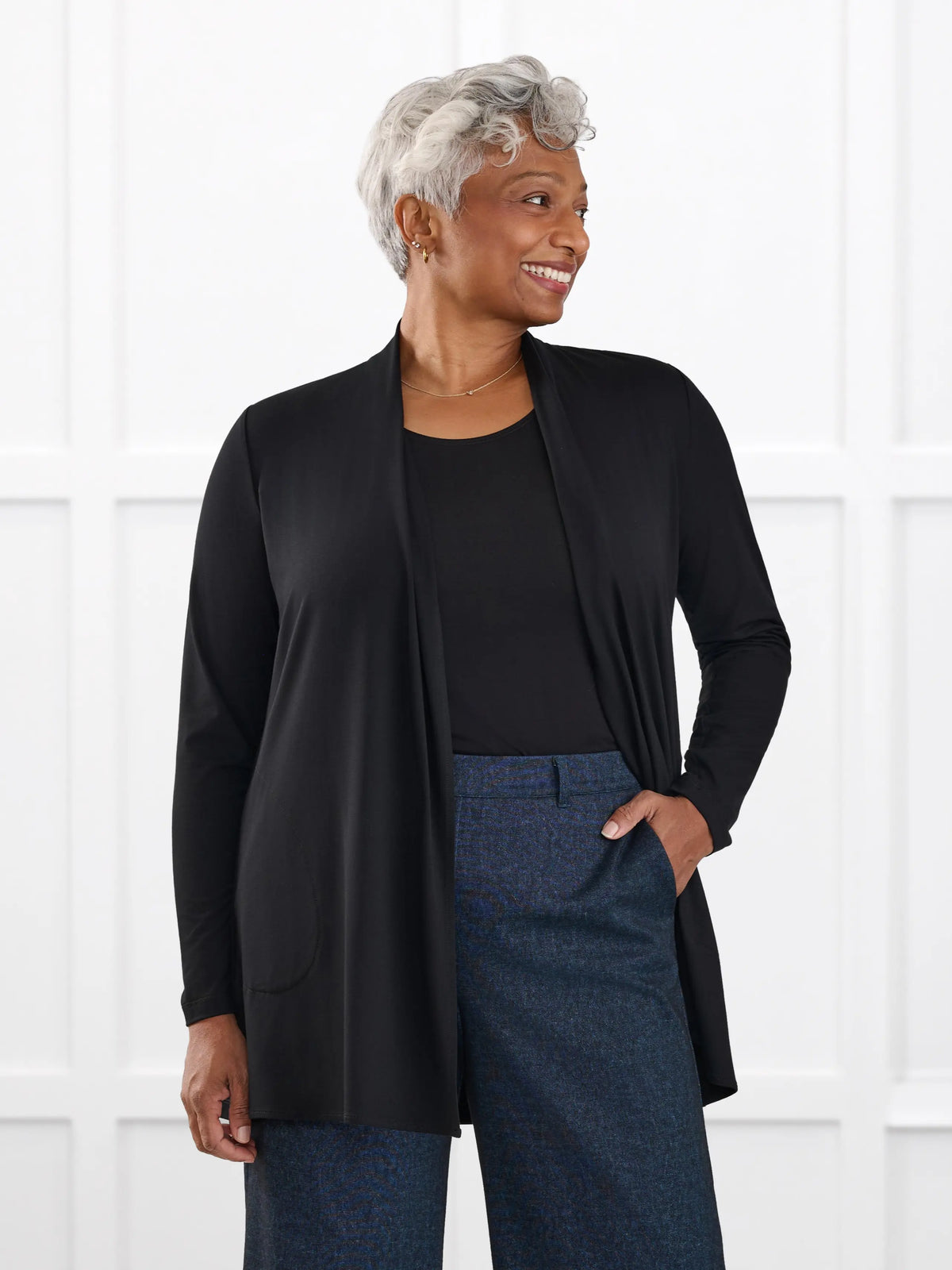 Georgina shawl collar pocket cardigan for women in Black on model Keethai, size M @Keethai-M 