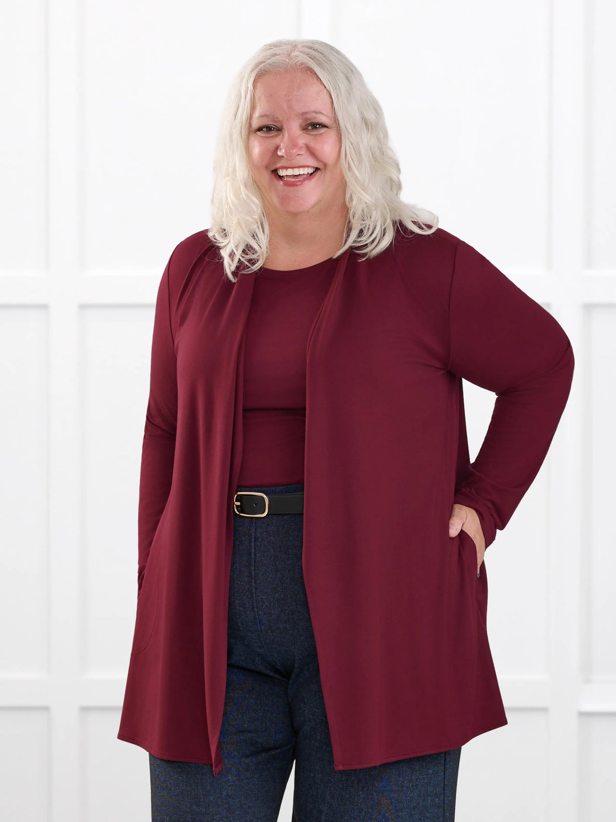 Georgina shawl collar pocket cardigan for women in Merlot on model Colleen, size XXL @Colleen-XXL 