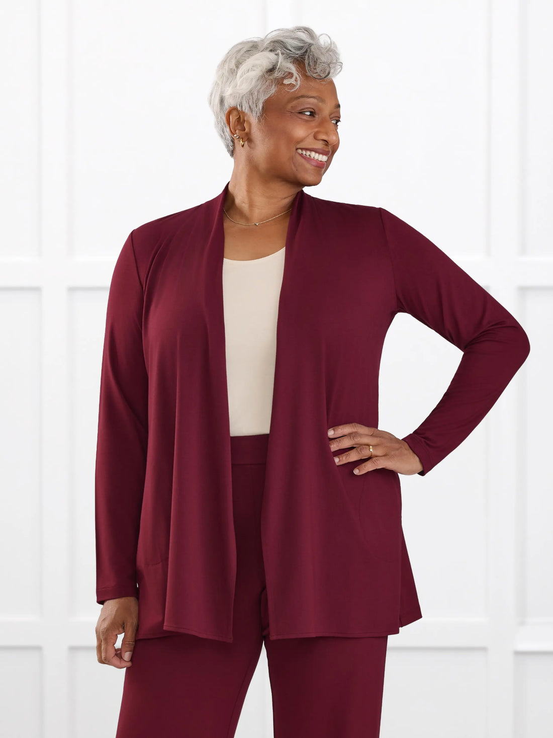 Georgina shawl collar pocket cardigan for women in Merlot on model Keethai, size M @Keethai-M 