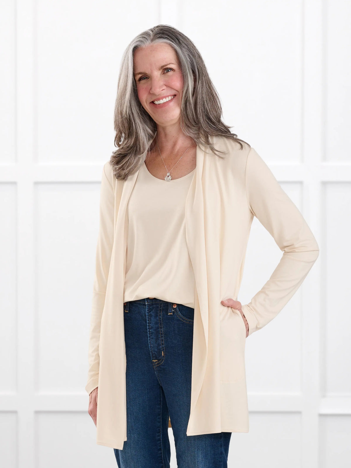 Georgina shawl collar pocket cardigan for women in Shortbread on model Jen, size XS @Jen-XS 