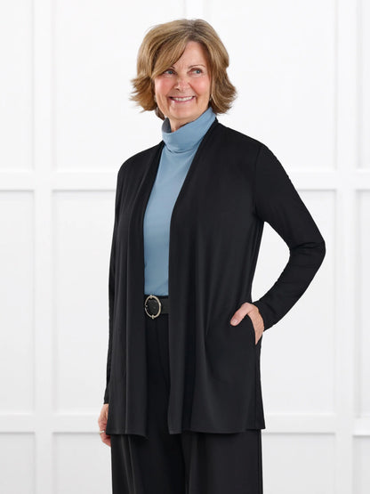 Georgina shawl collar pocket cardigan for women in Black on model Donna, size S @Donna-S 