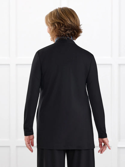 Georgina shawl collar pocket cardigan for women in Black on model Donna, size S @Donna-S 