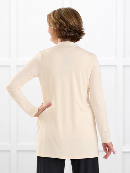 Georgina shawl collar pocket cardigan for women in Shortbread on model Donna, size S @Donna-S 