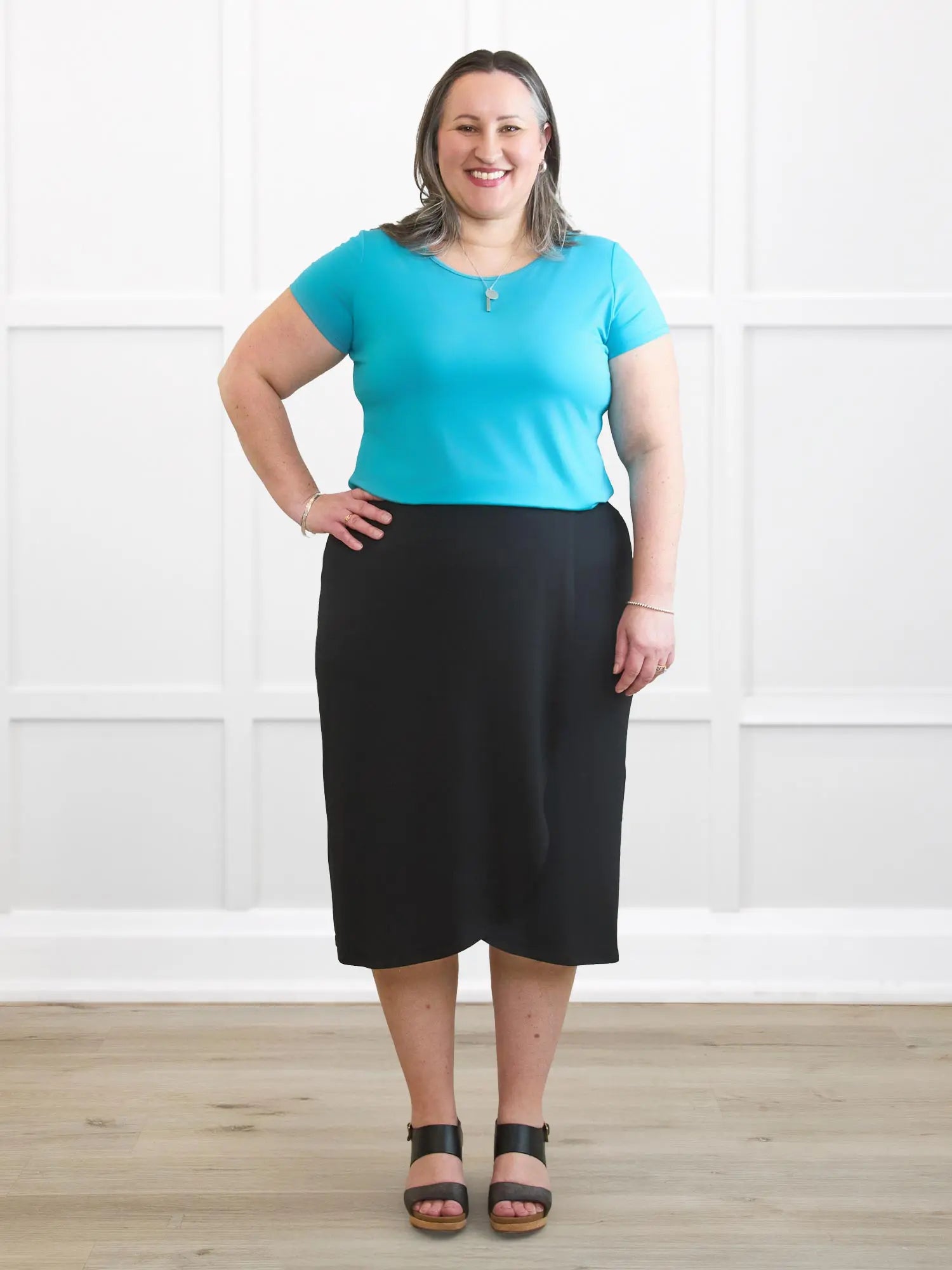 Ginny faux wrap midi skirt for women 00 in Black on model Cristina, size XXL Regular @Cristina-XXL-petite 