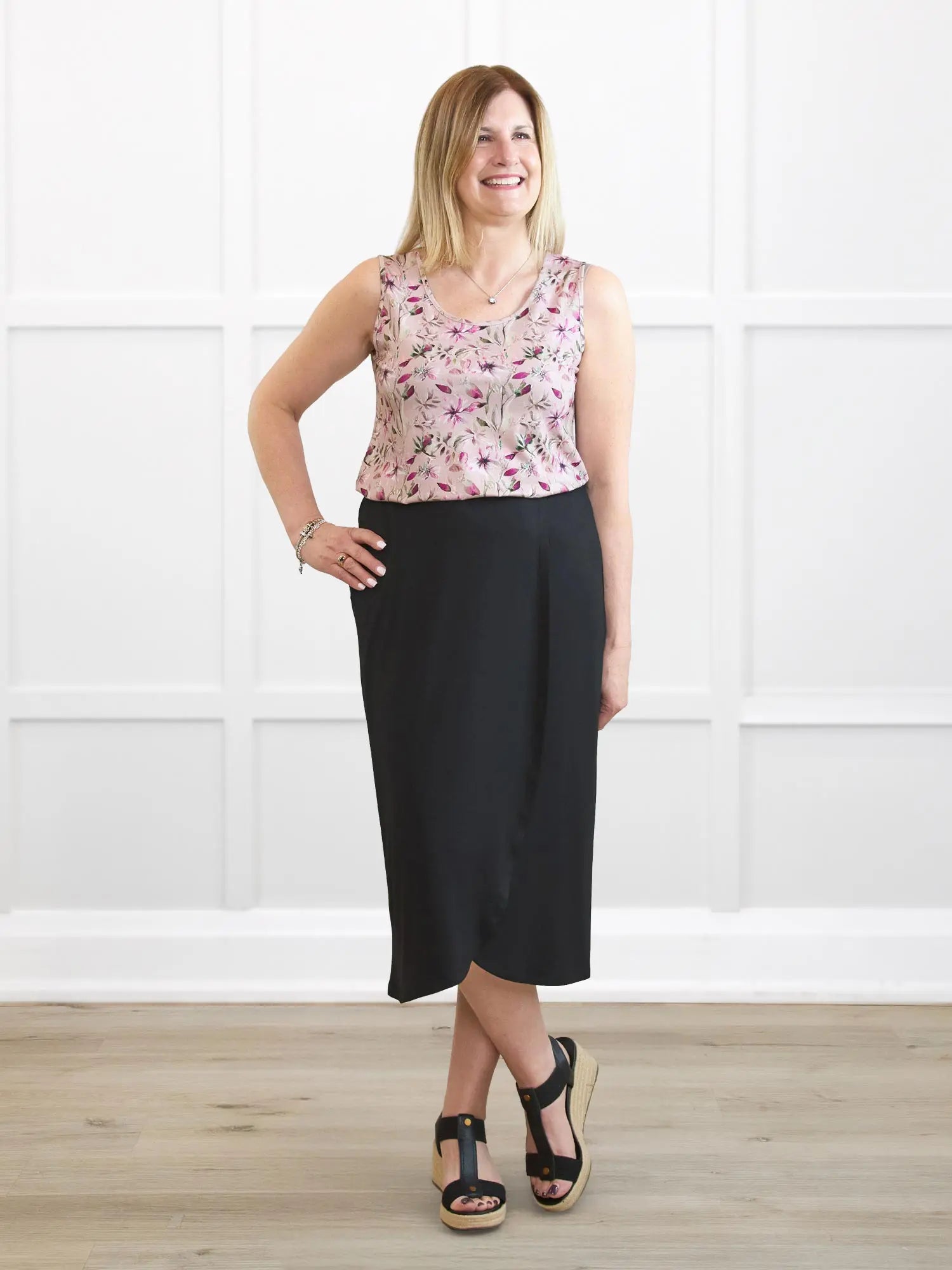 Ginny faux wrap midi skirt for women 00 in Black on model Natasha, size S Regular @Natasha-S-regular 