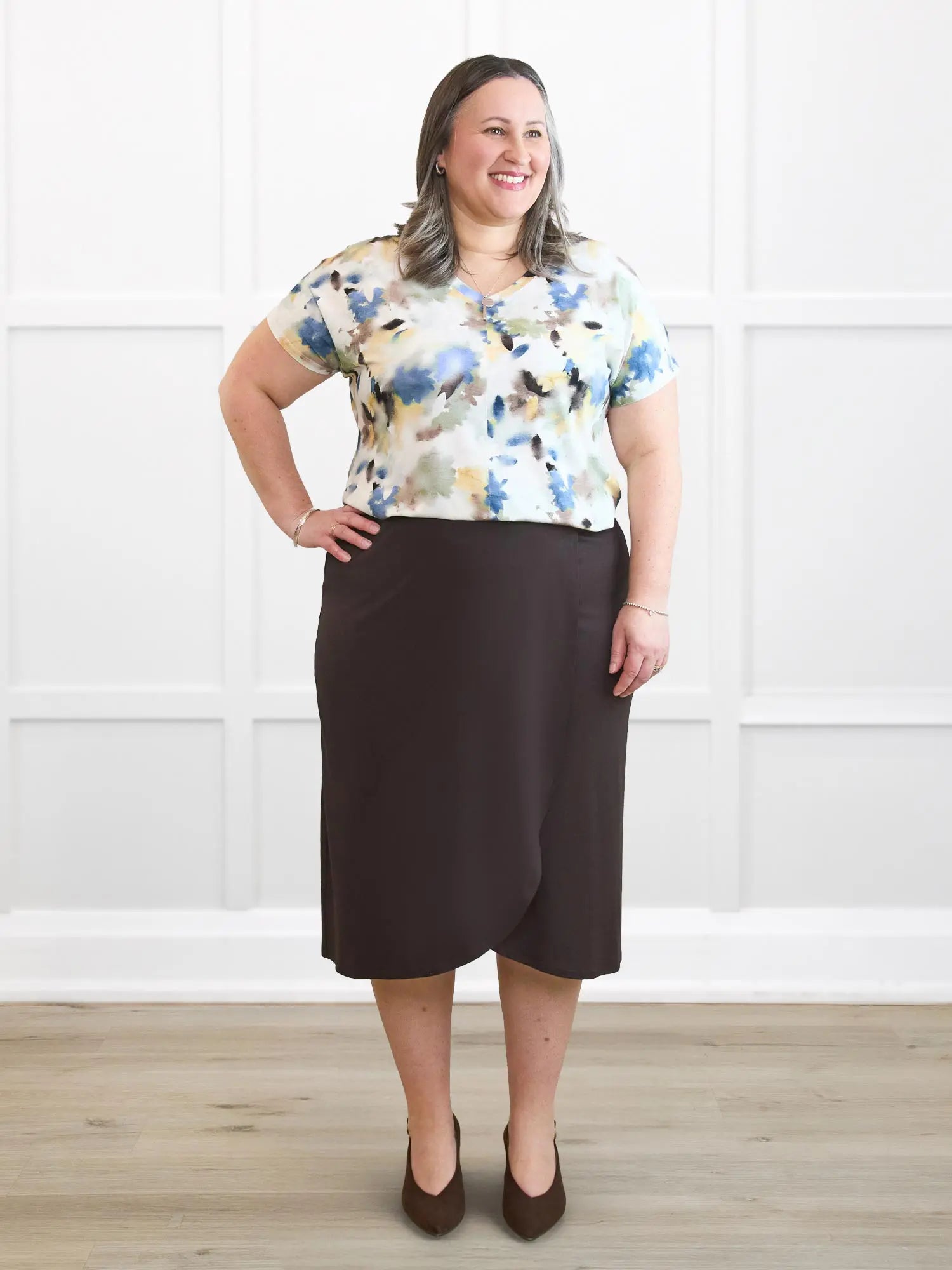 Ginny faux wrap midi skirt for women 00 in Dark chocolate on model Cristina, size XXL Regular @Cristina-XXL-petite 