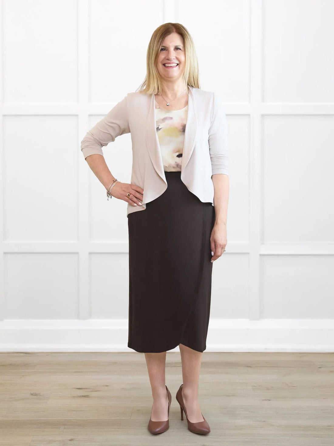 Ginny faux wrap midi skirt for women 00 in Dark chocolate on model Natasha, size S Regular @Natasha-S-regular 