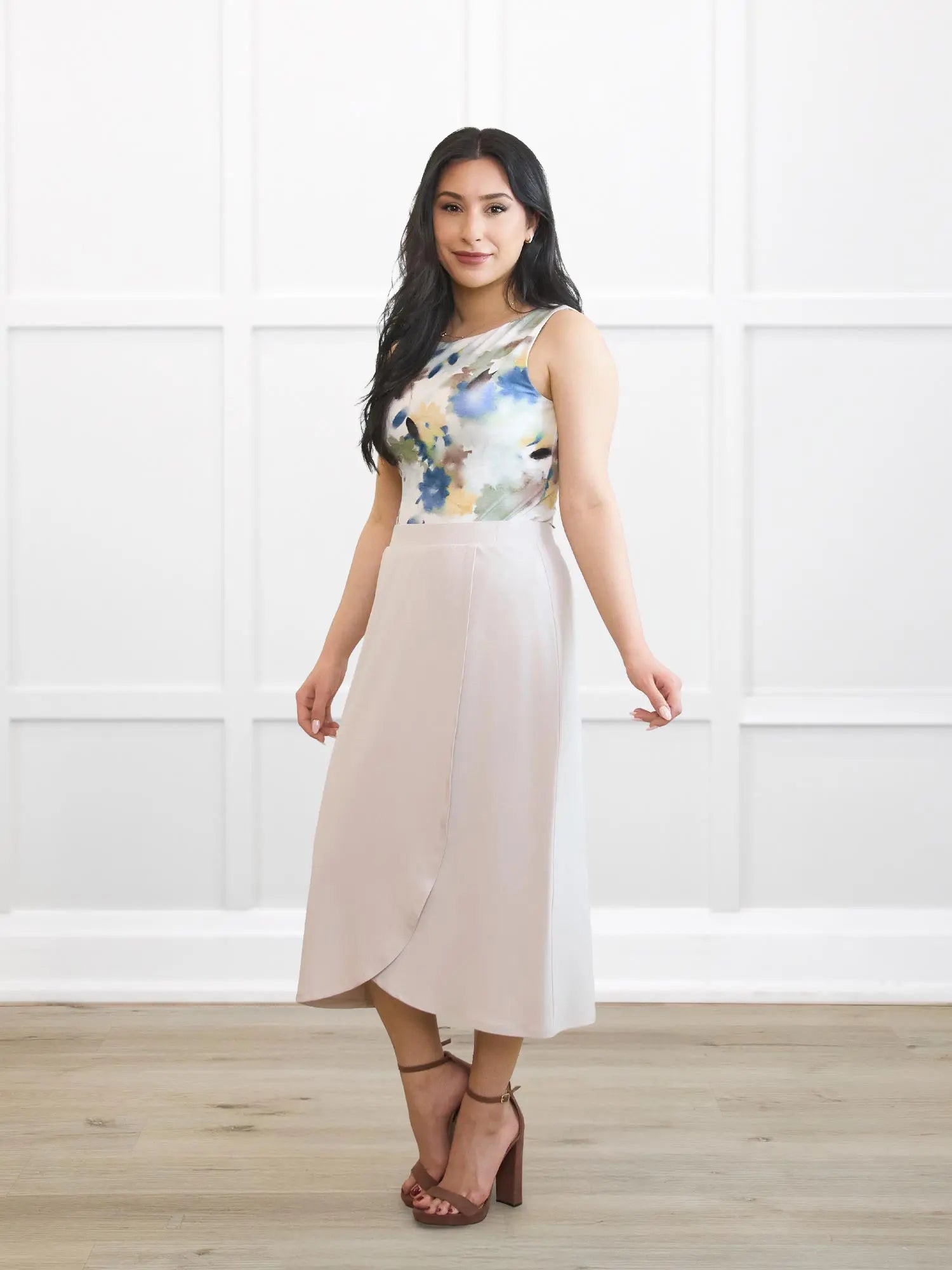 Ginny faux wrap midi skirt for women in Sandstone on model Yasmine, size XS Petite @Yasmine-XS-petite 