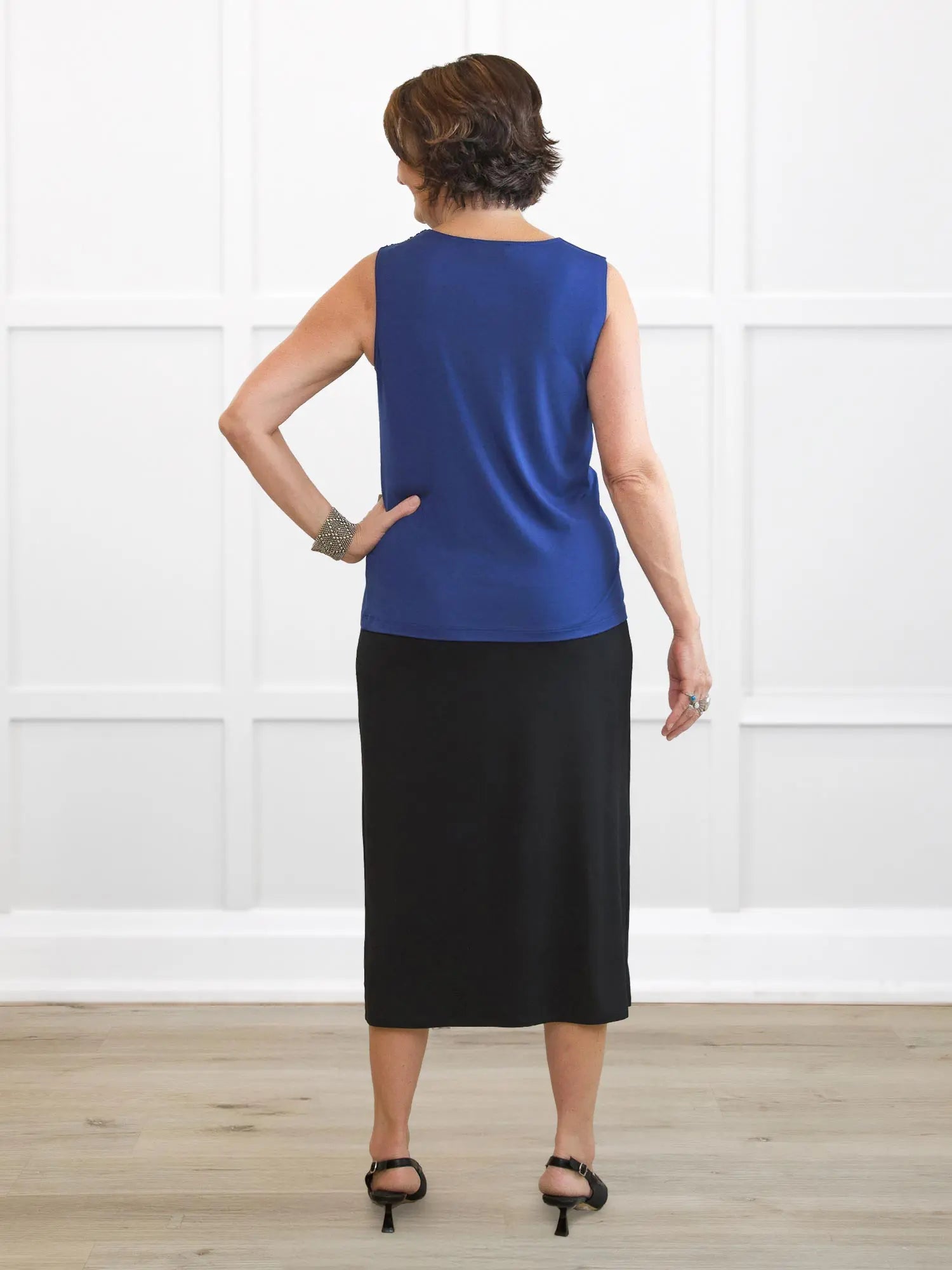 Ginny faux wrap midi skirt for women in Black on model Donna, size S Regular @Donna-S-regular 