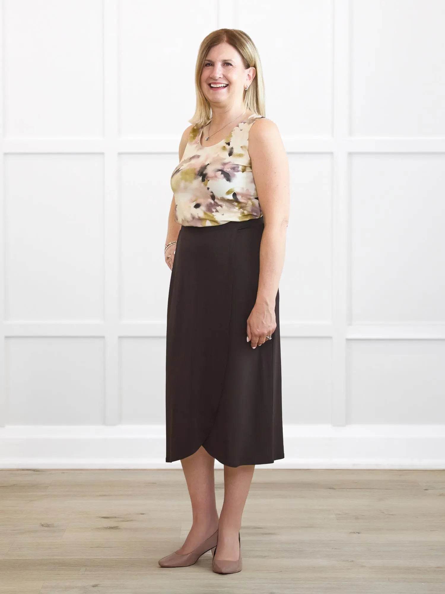 Ginny faux wrap midi skirt for women in Dark chocolate on model Natasha, size S Regular @Natasha-S-regular 