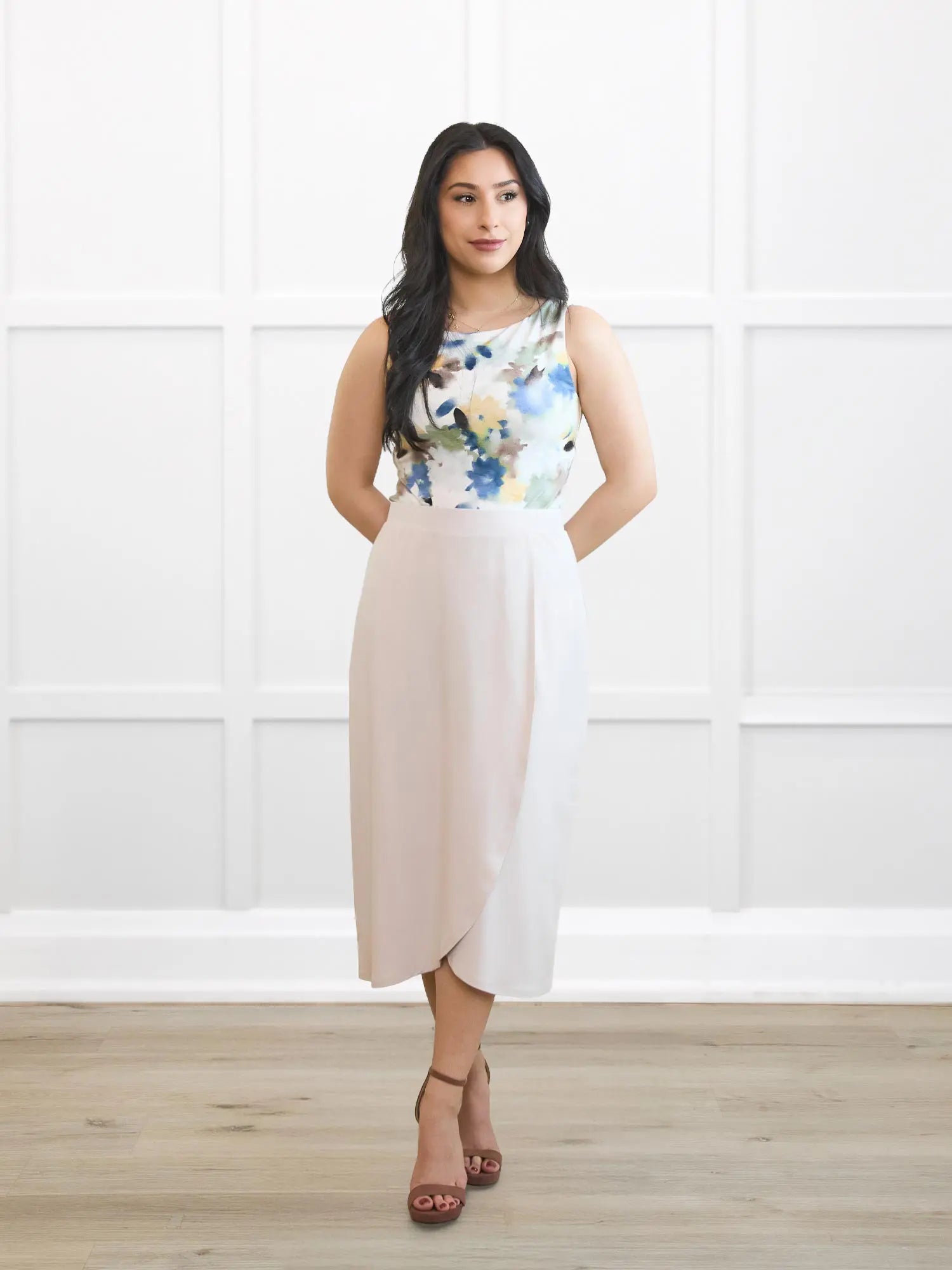 Ginny faux wrap midi skirt for women in Sandstone on model Yasmine, size XS Petite @Yasmine-XS-petite 