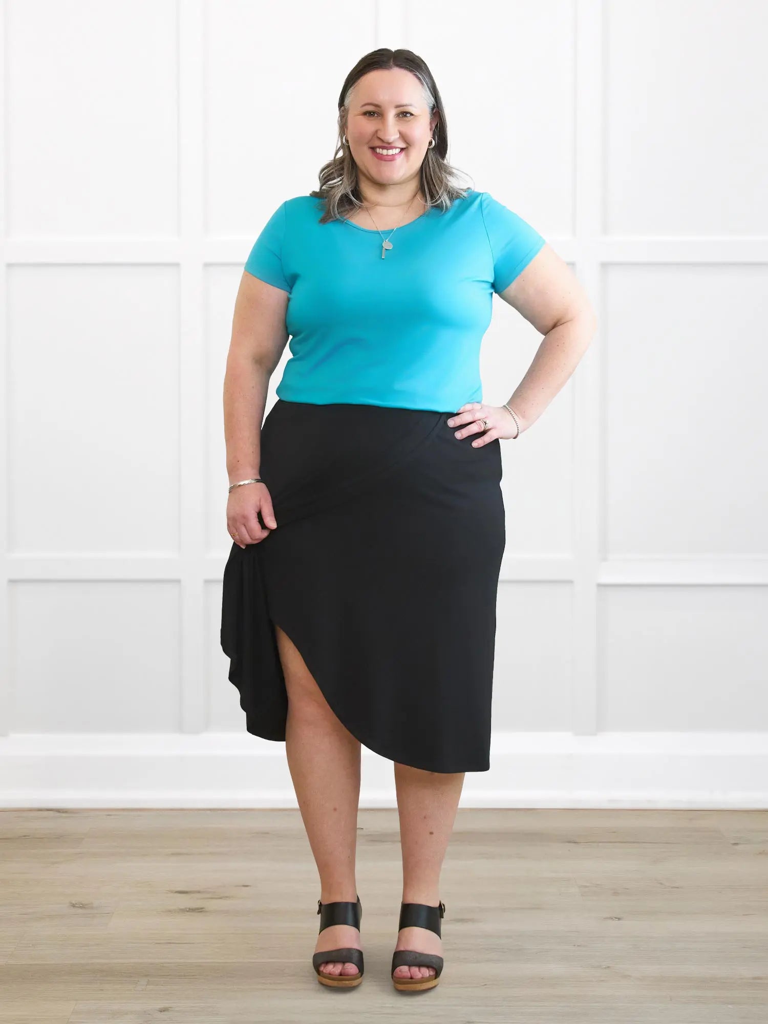 Ginny faux wrap midi skirt for women in Black on model Cristina, size XXL Regular @Cristina-XXL-petite 