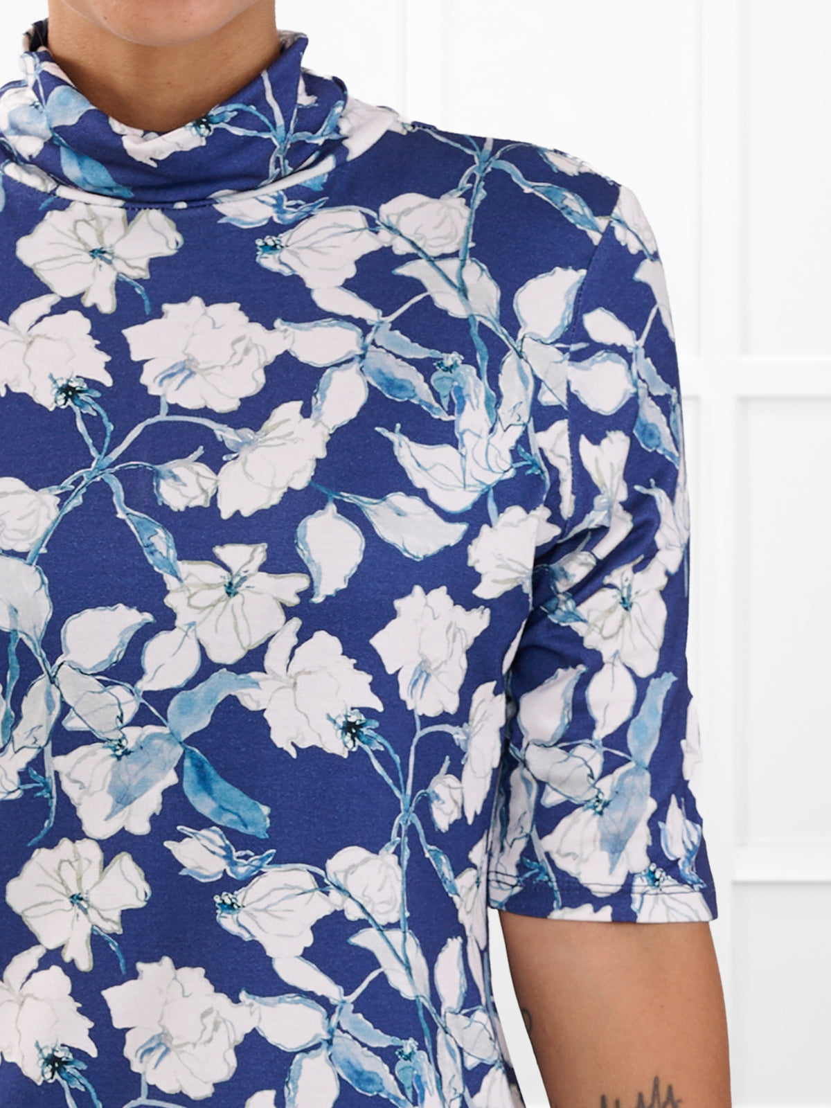 Halima half sleeve turtleneck top for women in Indigo bloom 