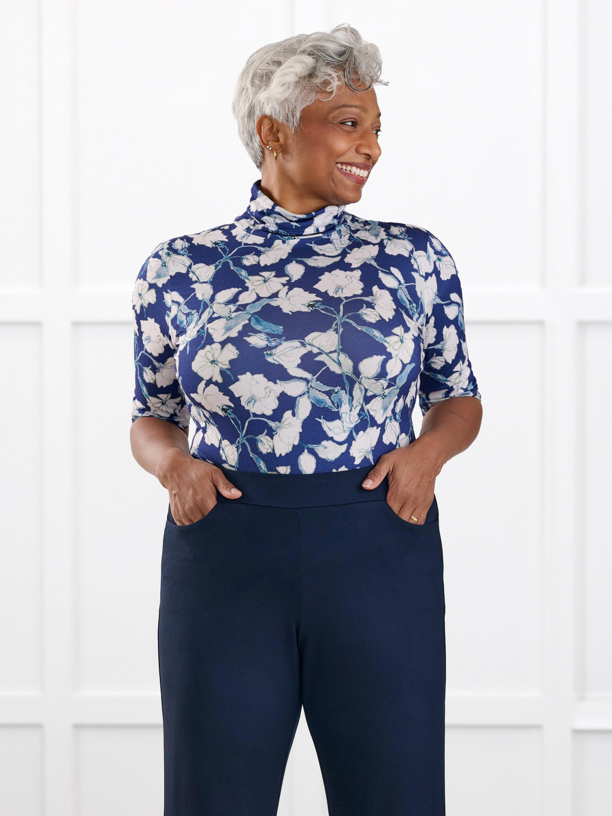 Halima half sleeve turtleneck top for women in Indigo bloom on model Keethai, size M @Keethai-M 