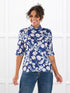 Halima half sleeve turtleneck top for women in Indigo bloom on model Meron, size XS @Meron-XS 