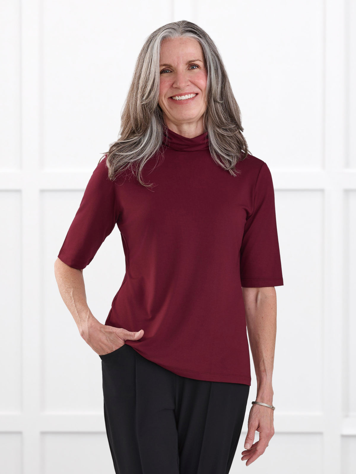 Halima half sleeve turtleneck top for women in Merlot on model Jen, size XS @Jen-XS 
