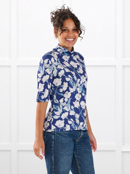 Halima half sleeve turtleneck top for women in Indigo bloom on model Meron, size XS @Meron-XS 