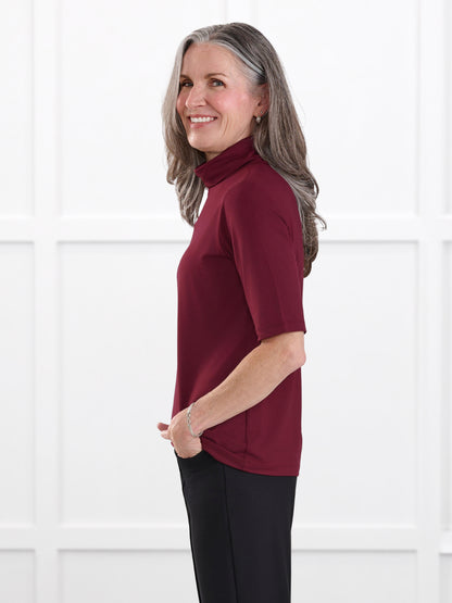 Halima half sleeve turtleneck top for women in Merlot on model Jen, size XS @Jen-XS 