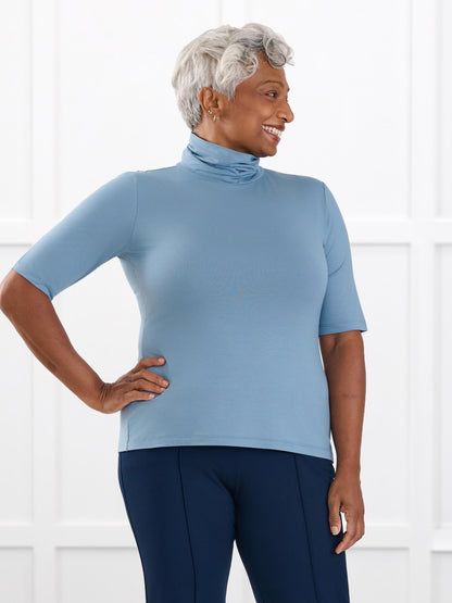 Halima half sleeve turtleneck top for women in Steel blue on model Keethai, size M @Keethai-M 