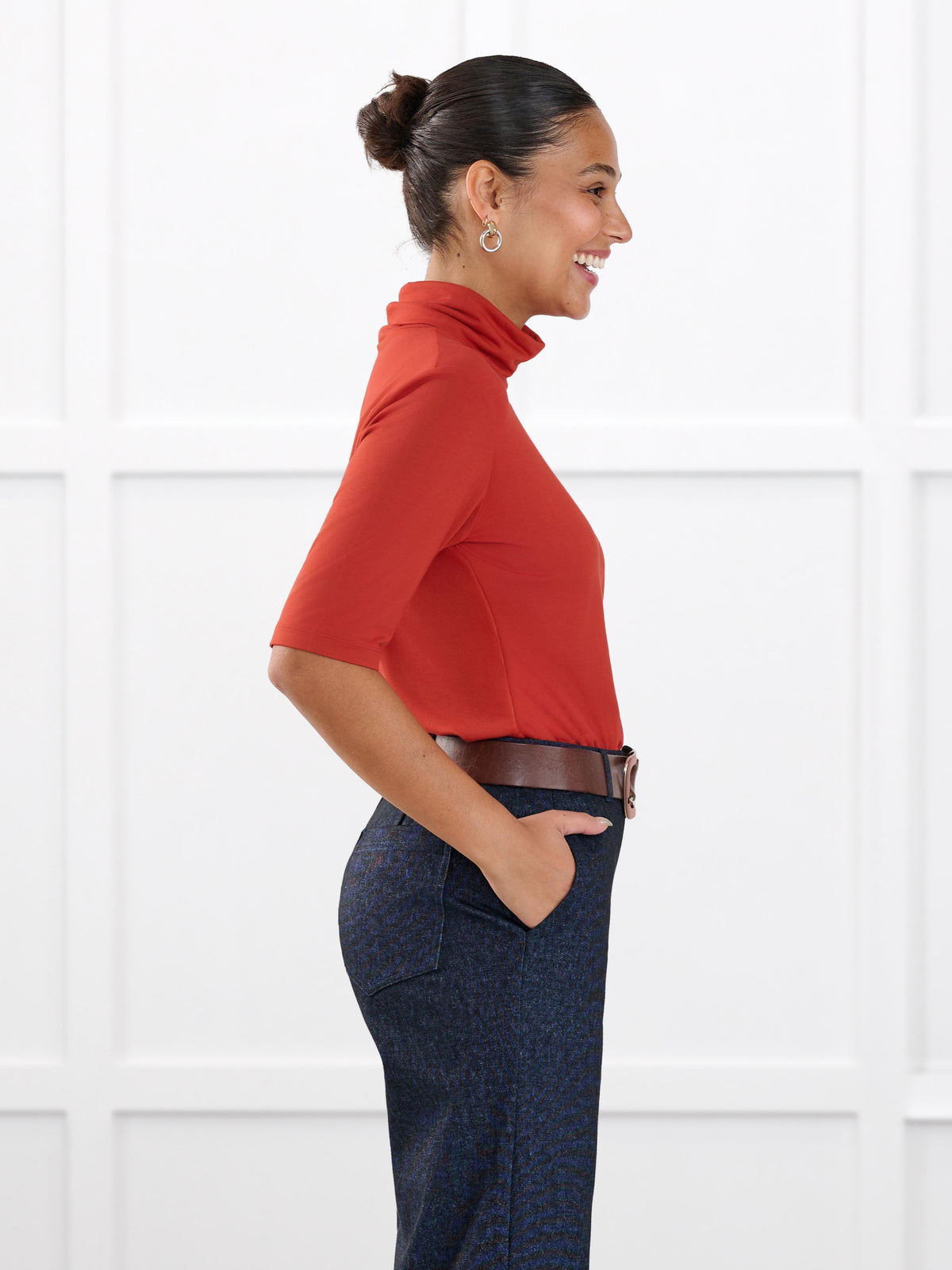 Halima half sleeve turtleneck top for women in Terracotta on model Meron, size XS @Meron-XS 