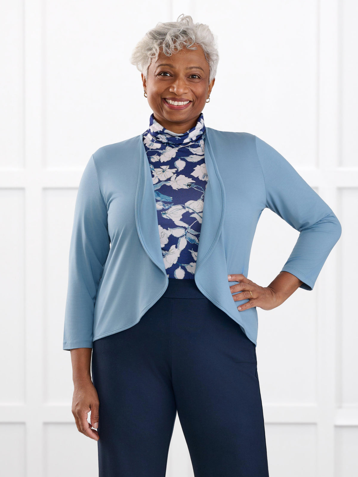 Halima half sleeve turtleneck top for women in Indigo bloom on model Keethai, size M @Keethai-M 
