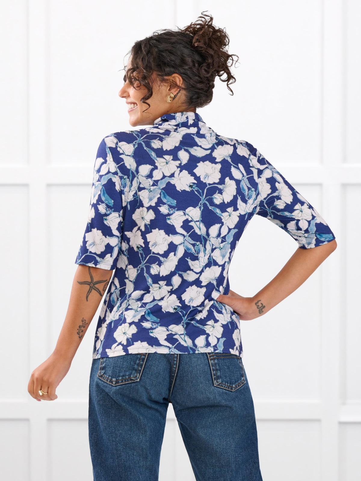 Halima half sleeve turtleneck top for women in Indigo bloom on model Meron, size XS @Meron-XS 