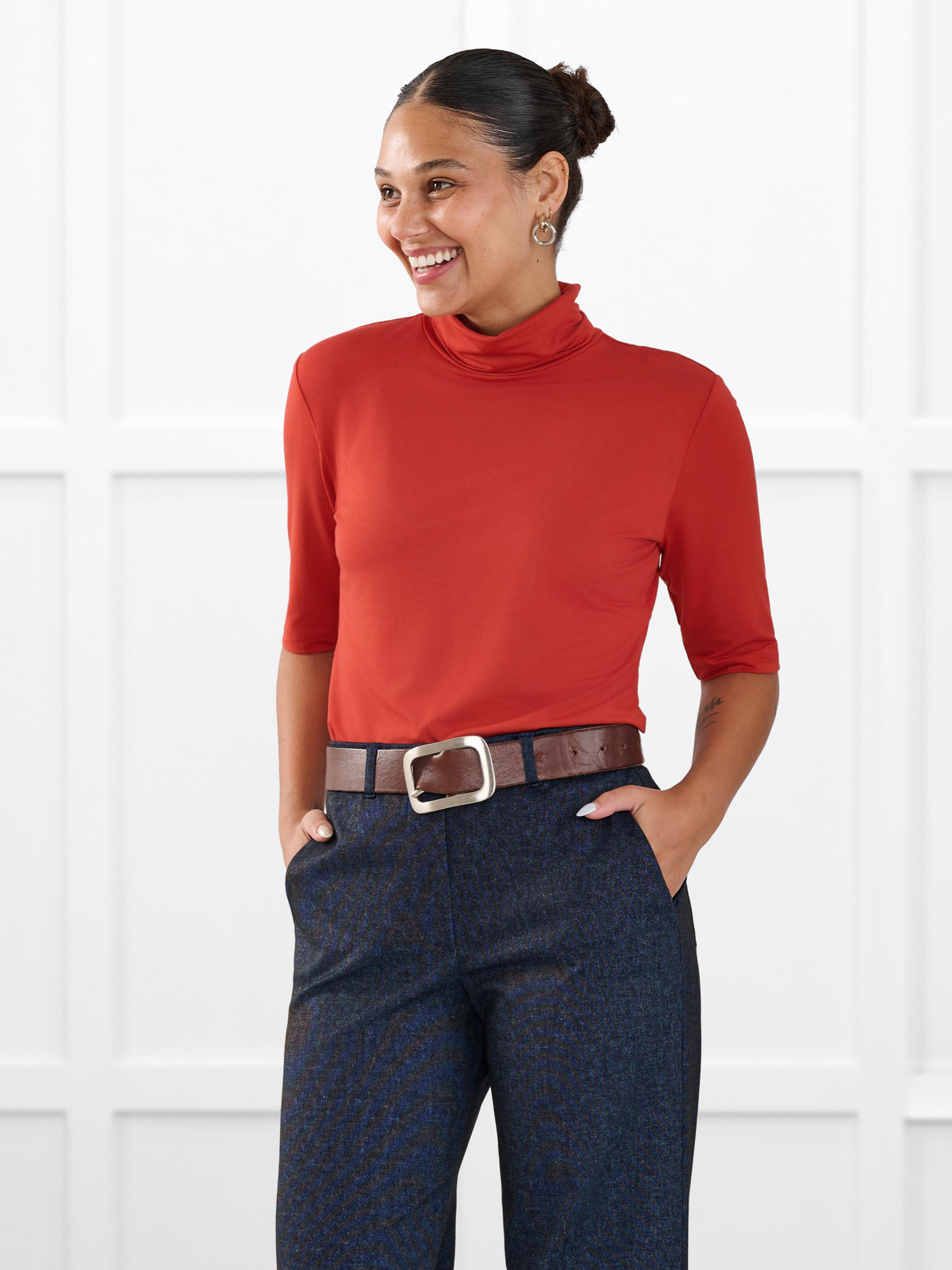Halima half sleeve turtleneck top for women in Terracotta on model Meron, size XS @Meron-XS 