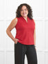 Hollis sleeveless v neck ponte top for women in Chili on model Kerri, size M @Kerri-M 