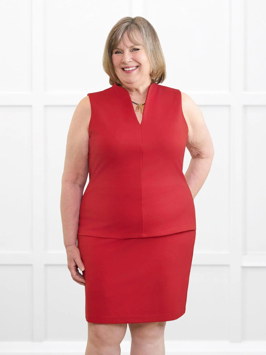 Hollis sleeveless v neck ponte top for women in Chili on model Laurie, size L @Laurie-L 