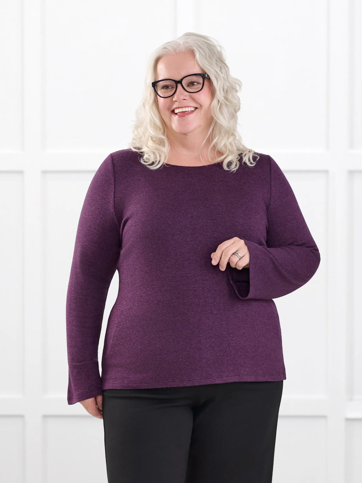 Irma lightweight sweater knit boatneck top for women in Blackcurrant on model Colleen, size XXL @Colleen-XXL 