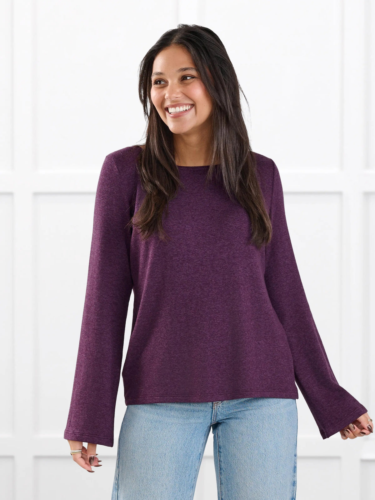 Irma lightweight sweater knit boatneck top for women in Blackcurrant on model Meron, size XS @Meron-XS 