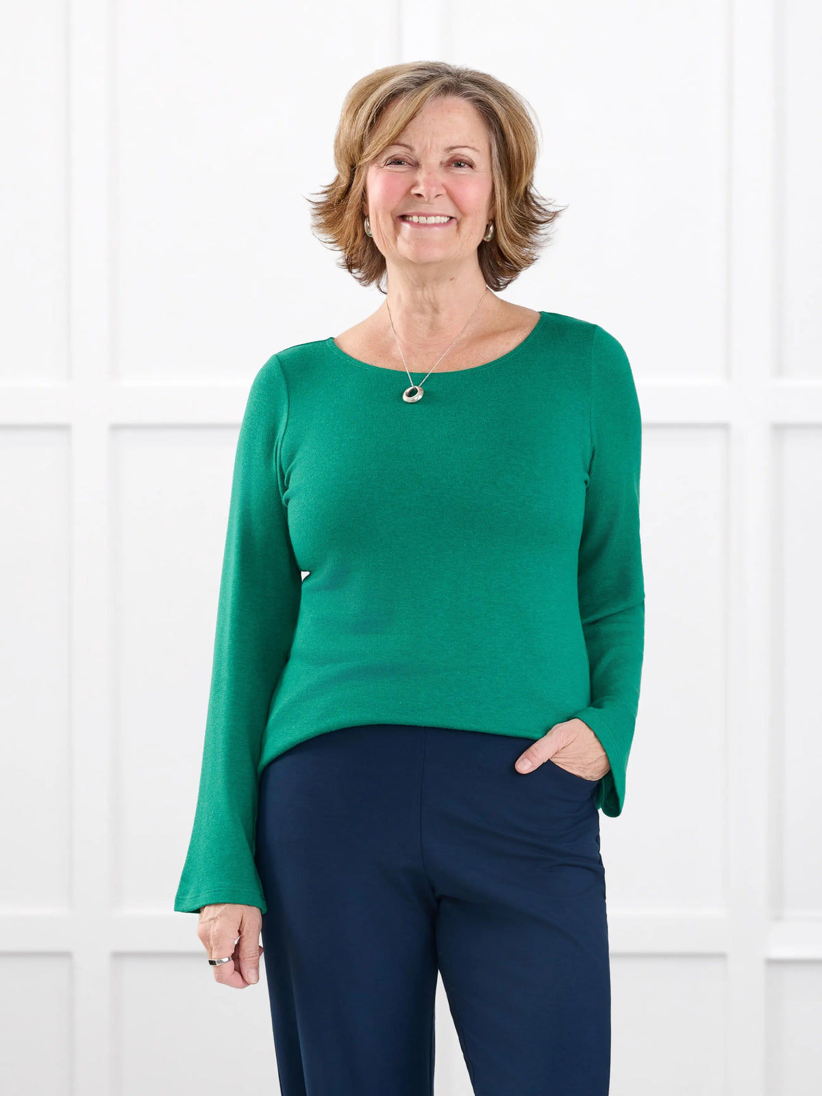 Irma lightweight sweater knit boatneck top for women in Kelly green on model Donna, size S @Donna-S 