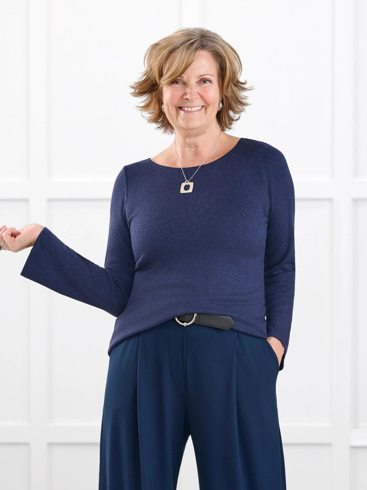Irma lightweight sweater knit boatneck top for women in Midnight blue on model Donna, size S @Donna-S 