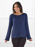 Irma lightweight sweater knit boatneck top for women in Midnight blue on model Meron, size XS @Meron-XS 