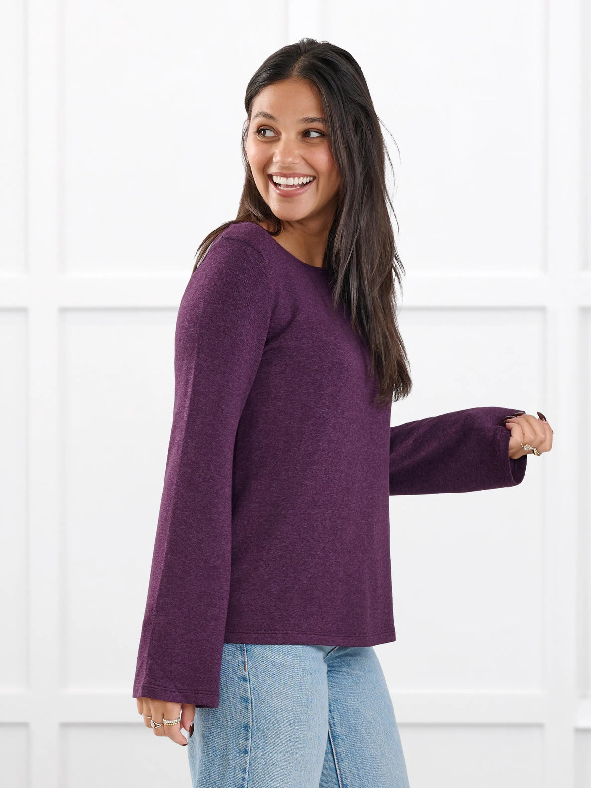 Irma lightweight sweater knit boatneck top for women in Blackcurrant on model Meron, size XS @Meron-XS 
