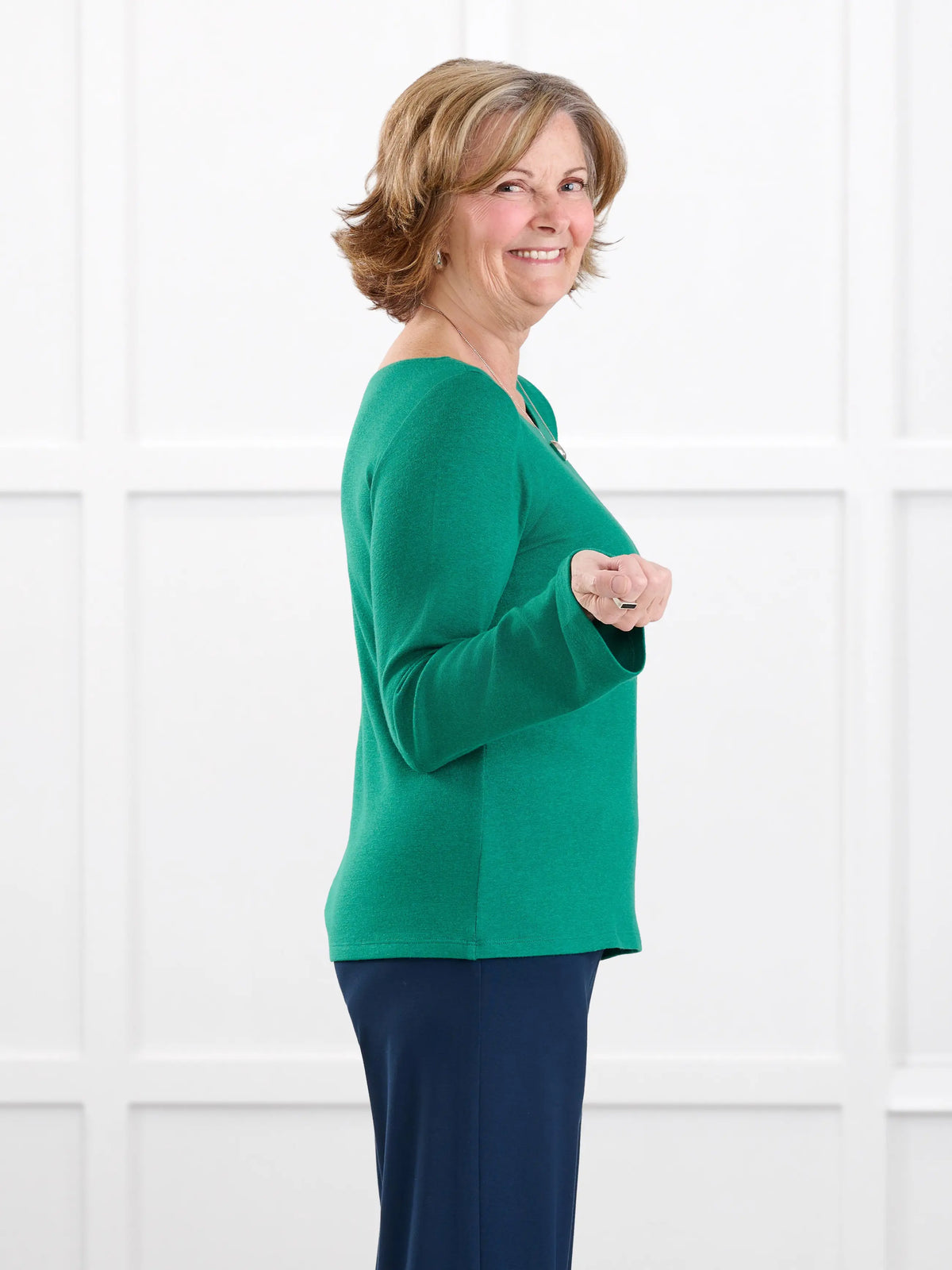 Irma lightweight sweater knit boatneck top for women in Kelly green on model Donna, size S @Donna-S 