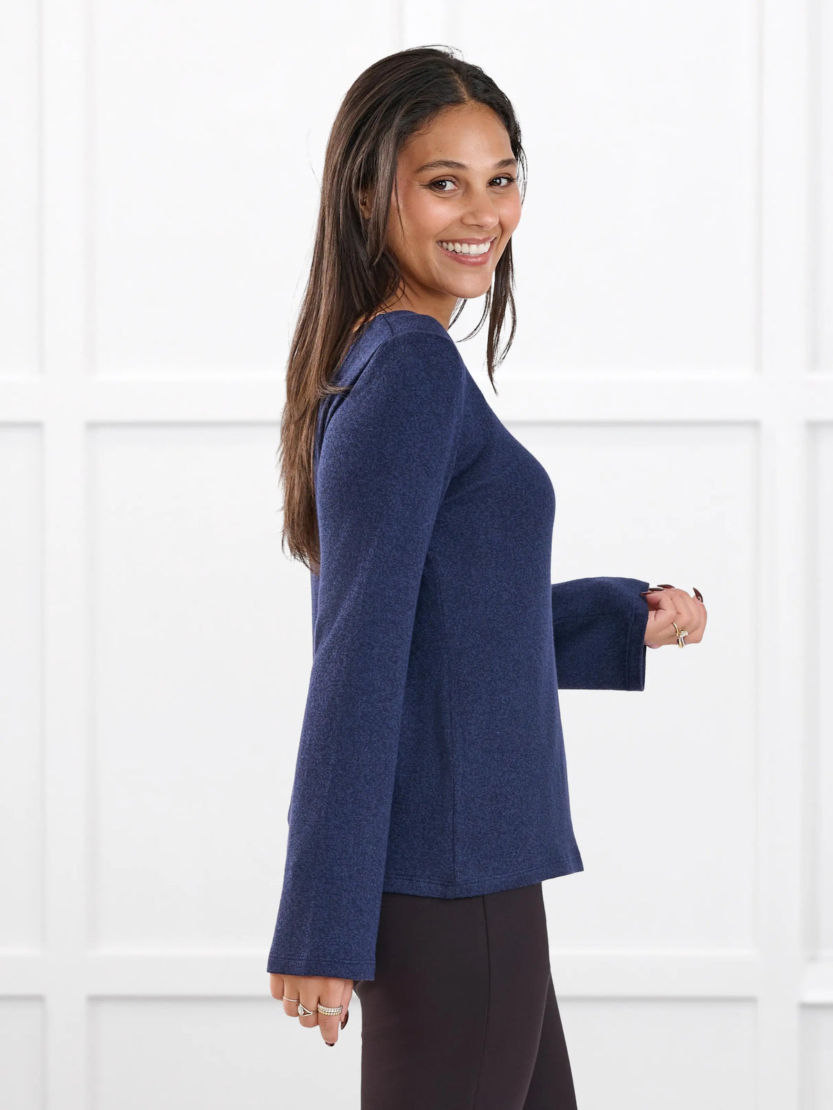 Irma lightweight sweater knit boatneck top for women in Midnight blue on model Meron, size XS @Meron-XS 