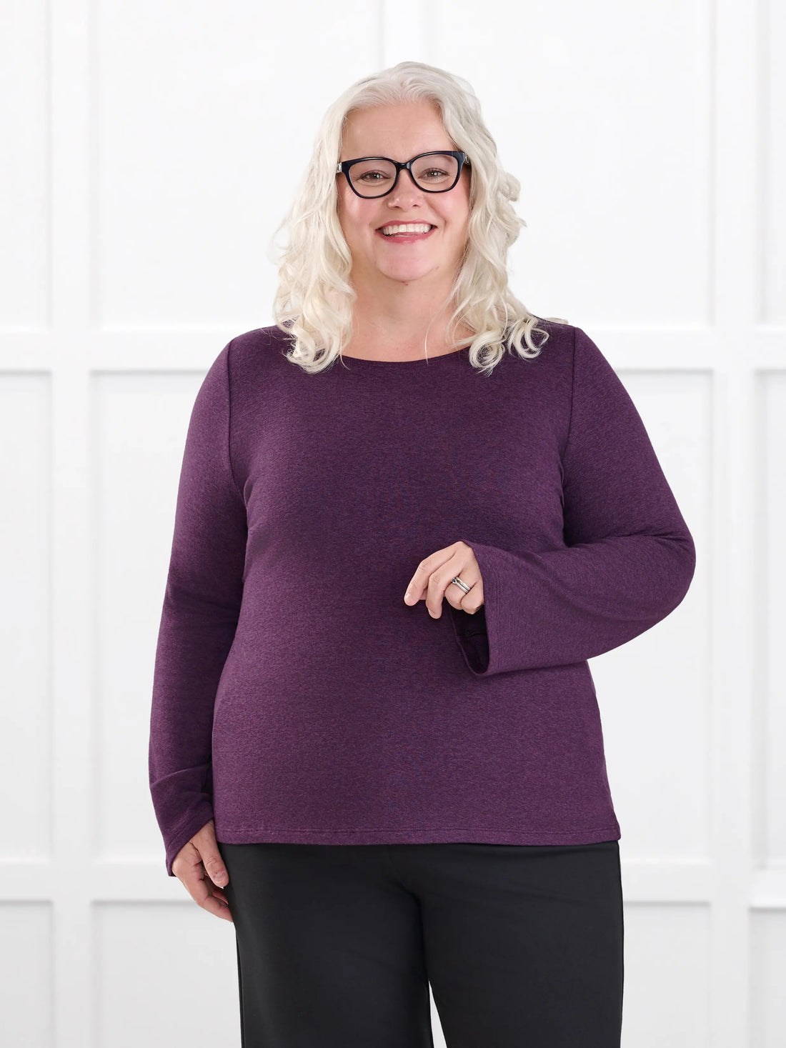 Irma lightweight sweater knit boatneck top for women in Blackcurrant on model Colleen, size XXL @Colleen-XXL 
