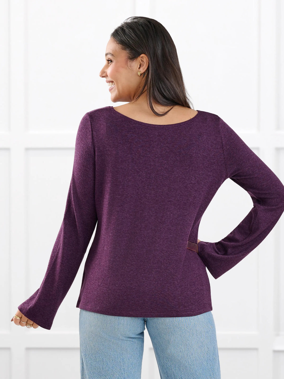 Irma lightweight sweater knit boatneck top for women in Blackcurrant on model Meron, size XS @Meron-XS 