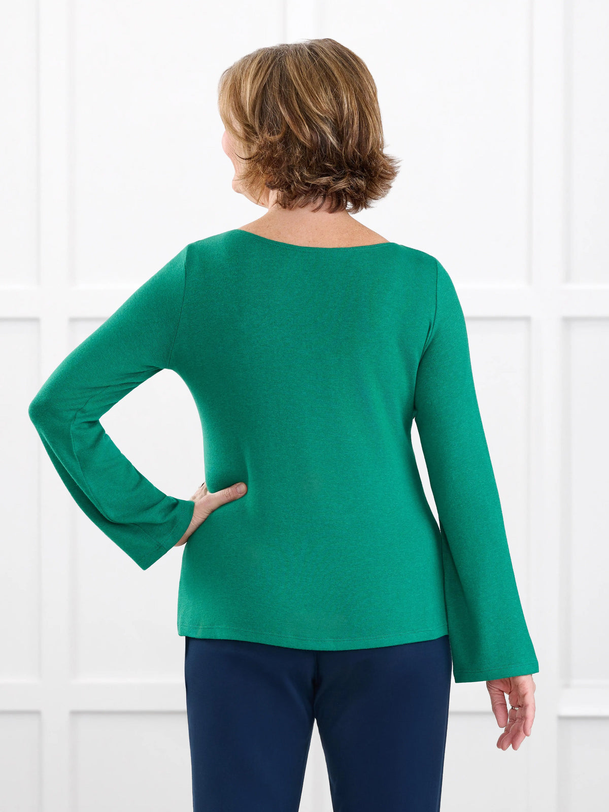Irma lightweight sweater knit boatneck top for women in Kelly green on model Donna, size S @Donna-S 