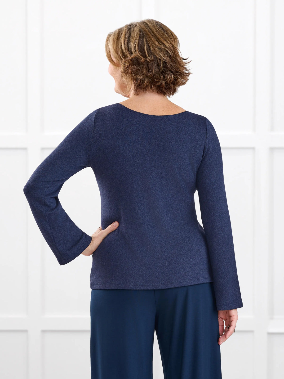 Irma lightweight sweater knit boatneck top for women in Midnight blue on model Donna, size S @Donna-S 