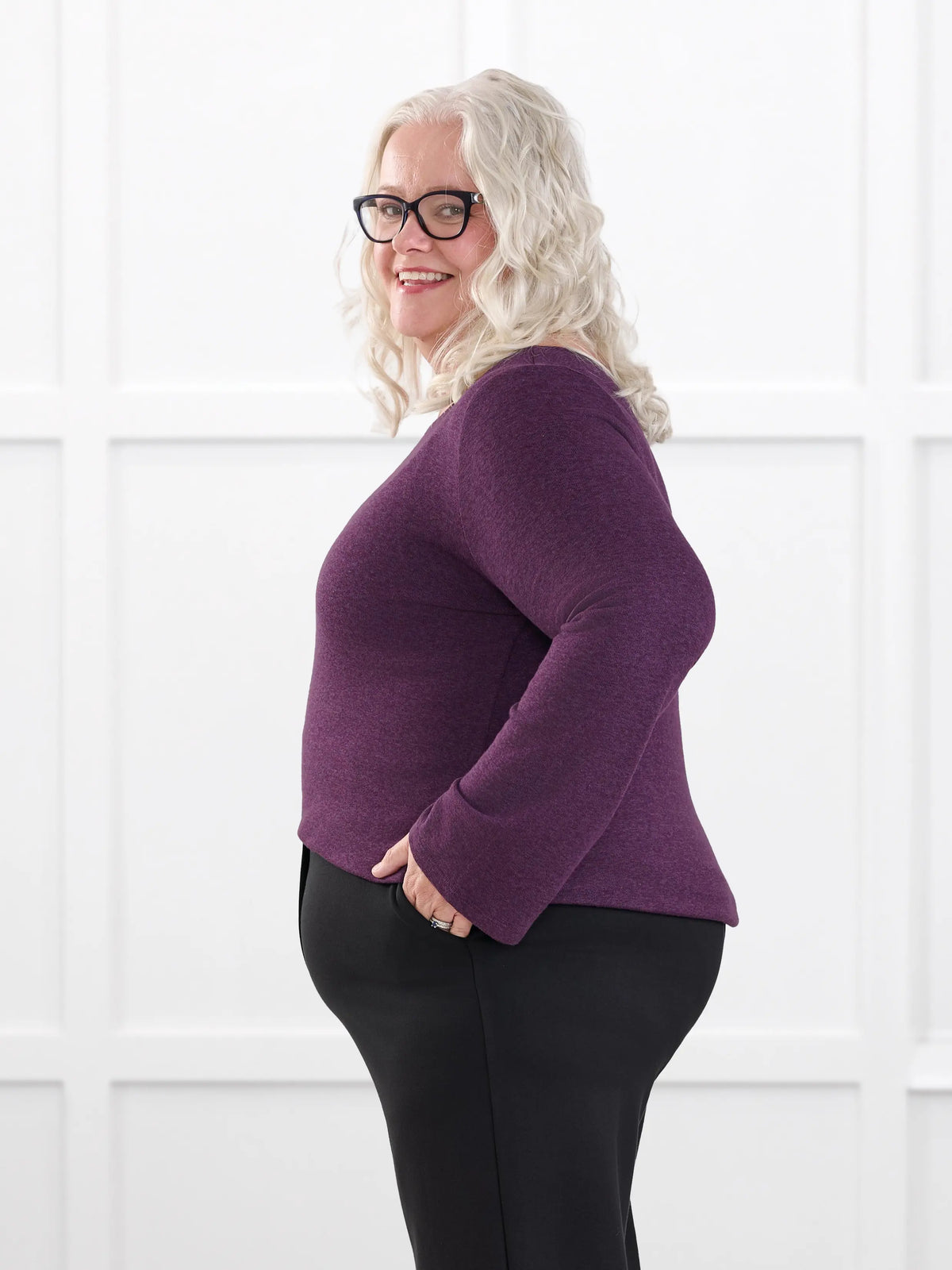 Irma lightweight sweater knit boatneck top for women in Blackcurrant on model Colleen, size XXL @Colleen-XXL 