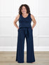 Janelle open back wide leg jumpsuit for women in Navy on model Kerri, size M Petite @Kerri-M-petite 