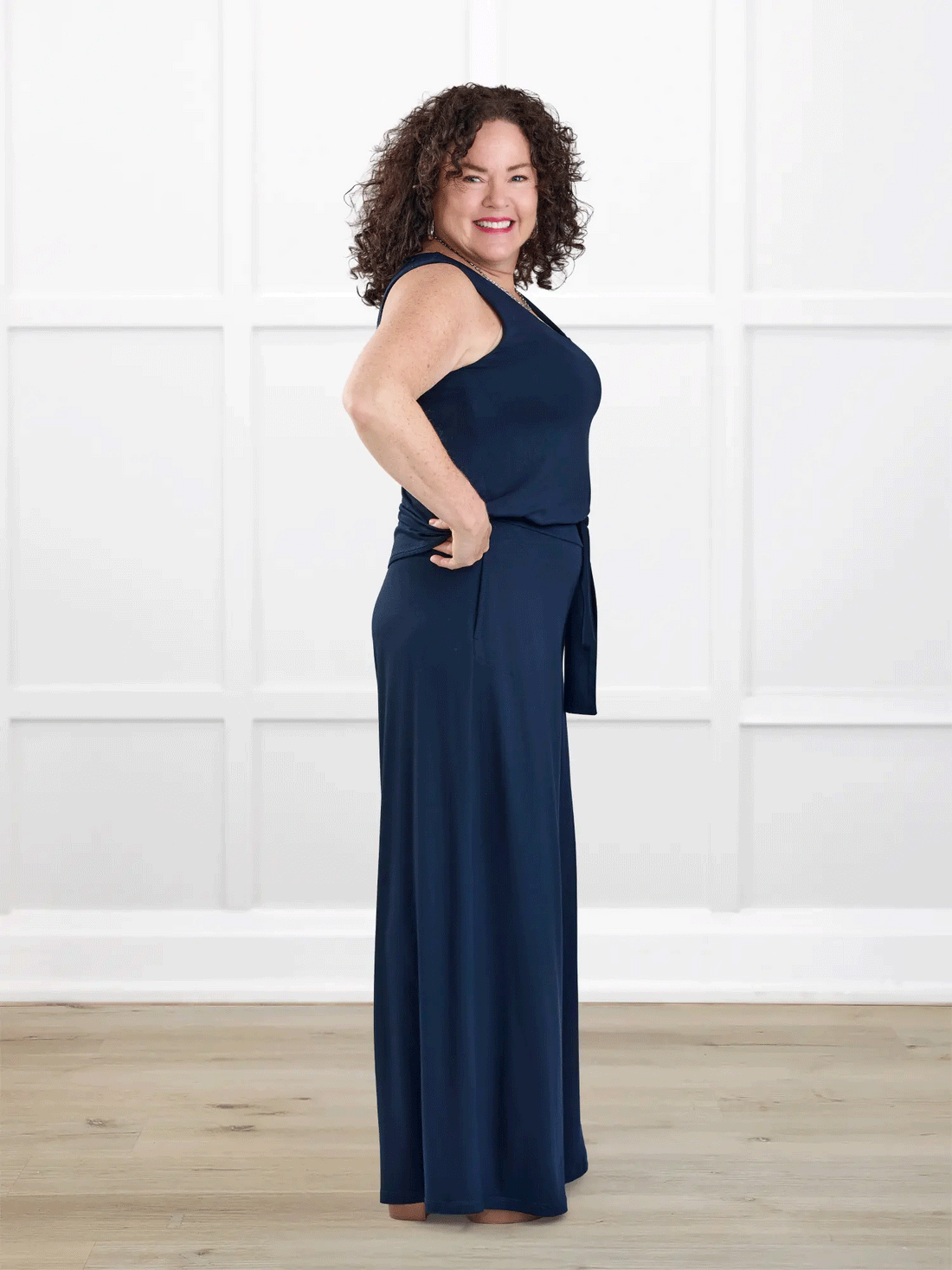 Janelle open back wide leg jumpsuit for women in Navy on model Kerri, size M Petite @Kerri-M-petite 