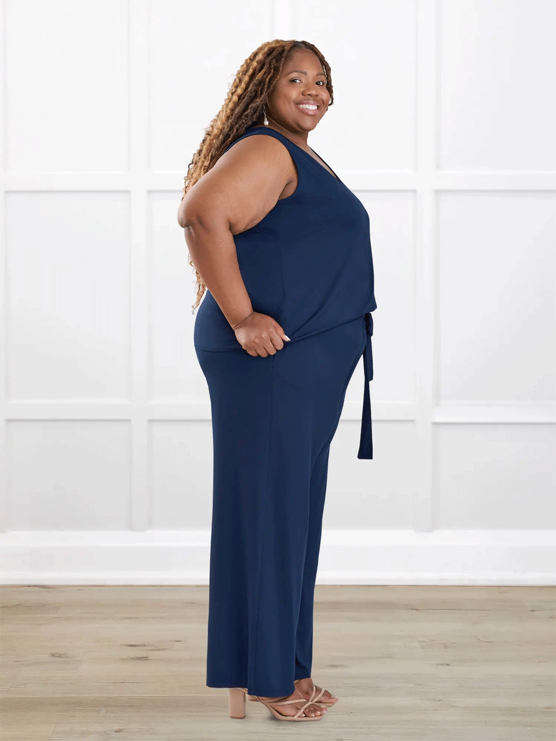 Janelle open back wide leg jumpsuit for women in Navy on model Kimesha, size 3X @Kimesha-3X 