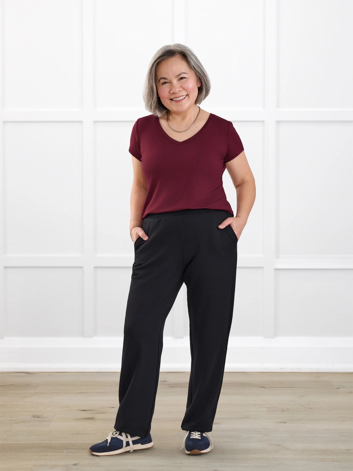 Jaylinn mid rise fleece jogger for women in Black on model Terry, size S @Terry-S 