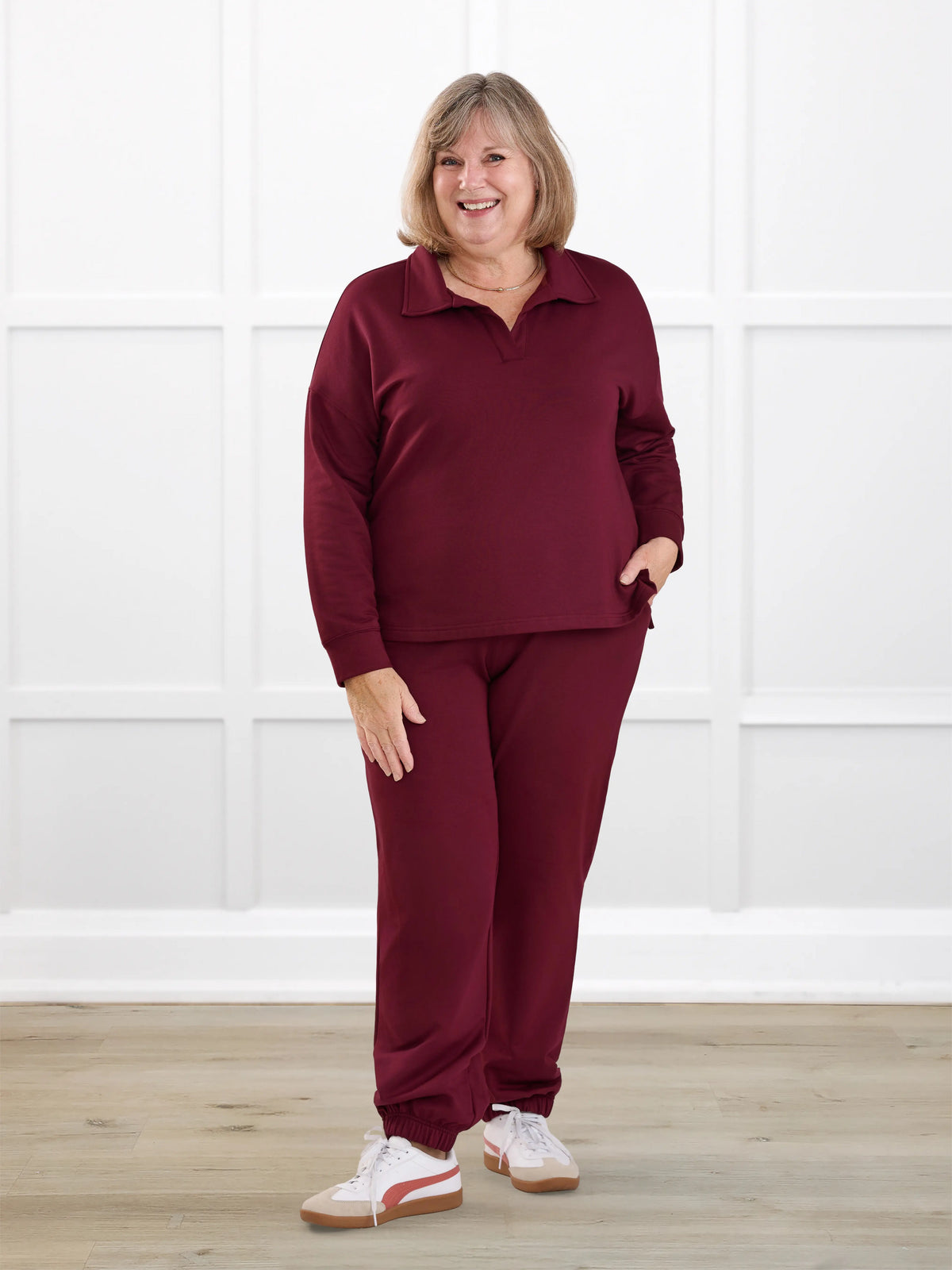 Jaylinn mid rise fleece jogger for women in Merlot on model Laurie, size XXL @Laurie-XXL 